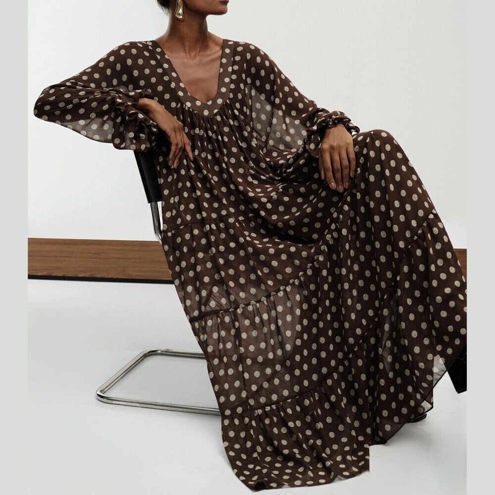 Brown Cream Polka Dot Sheer Chiffon V-Neck Balloon Sleeve Tiered Maxi Dress